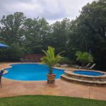 Before and after images of a swimming pool with Gulf Stream Blue pool paint